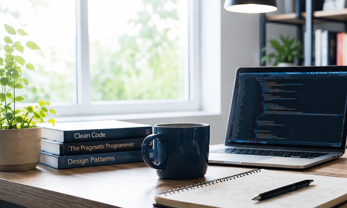 ソースコードを表示したモニターのある作業机